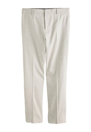 Light beige men's dress trousers with belt loops, front zipper fly, and straight-leg cut displayed against a white background.