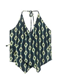 Top avvolgente realizzato in tessuto leggero con uno sfondo blu scuro, caratterizzato da un motivo a diamante giallo e bianco. Si lega sul retro.