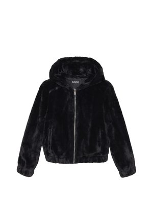 Chaqueta de piel sintética negra con capucha, cremallera frontal y puños acanalados. Textura suave con un diseño corto. La etiqueta dice "INSIDE."