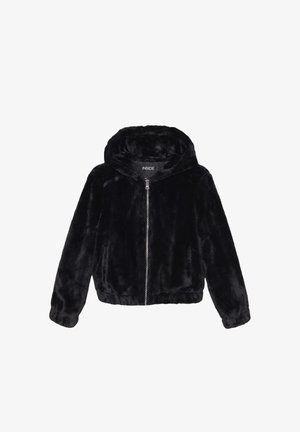 Chaqueta de piel sintética negra con capucha, cremallera frontal y puños acanalados. Textura suave con un diseño corto. La etiqueta dice "INSIDE."