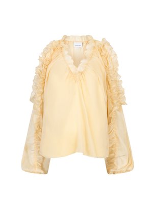 Gele blouse met gerimpelde mouwen en een V-hals. Gemaakt van lichtgewicht stof, met een doorschijnende textuur en geplooide details langs de randen.