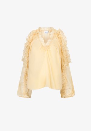 Gele blouse met gerimpelde mouwen en een V-hals. Gemaakt van lichtgewicht stof, met een doorschijnende textuur en geplooide details langs de randen.