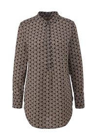 Langærmet skjorte i sort og beige med geometrisk mønster, krave, knaplukning og buet kant; lavet af letvægtsmateriale.