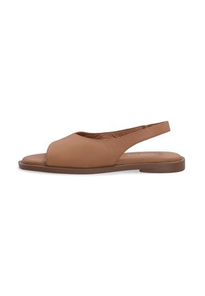 Tan slingback sandalen met een soepele leren bovenkant, open teen ontwerp en een platte rubberen zool. Eenvoudige, minimalistische esthetiek zonder versieringen.