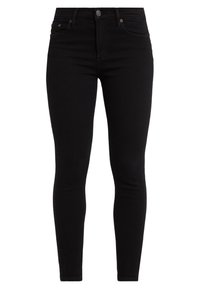 Mustat farkut, joissa on kapea malli, korkea vyötärö, etutaskut ja perinteinen nappisulku. Silkkinen pinta, jossa on lievää joustoa.