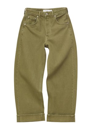 Olive green denim jeans with high waist, five-pocket style, button and zipper closure, and cuffed hems.