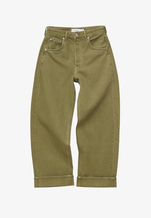 Jean en denim vert olive taille haute, style cinq poches, fermeture à boutons et fermeture éclair, ourlets retournés.