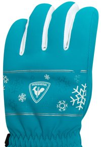 Tyrkysové teplé rukavice s bílými akcenty, zdobené vzory sněhových vloček, stříbrným pruhem a logem Rossignol. Měkký vnější materiál s texturovaným povrchem.