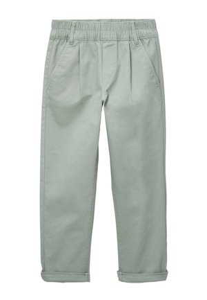 Pantalon à taille élastique vert clair avec poches latérales, devant plissé et ourlets roulés, posé à plat sur un fond blanc.