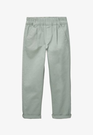 Pantalon à taille élastique vert clair avec poches latérales, devant plissé et ourlets roulés, posé à plat sur un fond blanc.