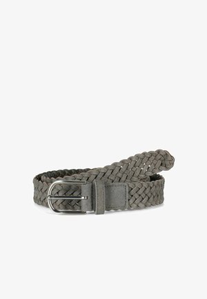 Gray braided leather belt with silver metal buckle, rolled with the end tucked in, shown on a white background.