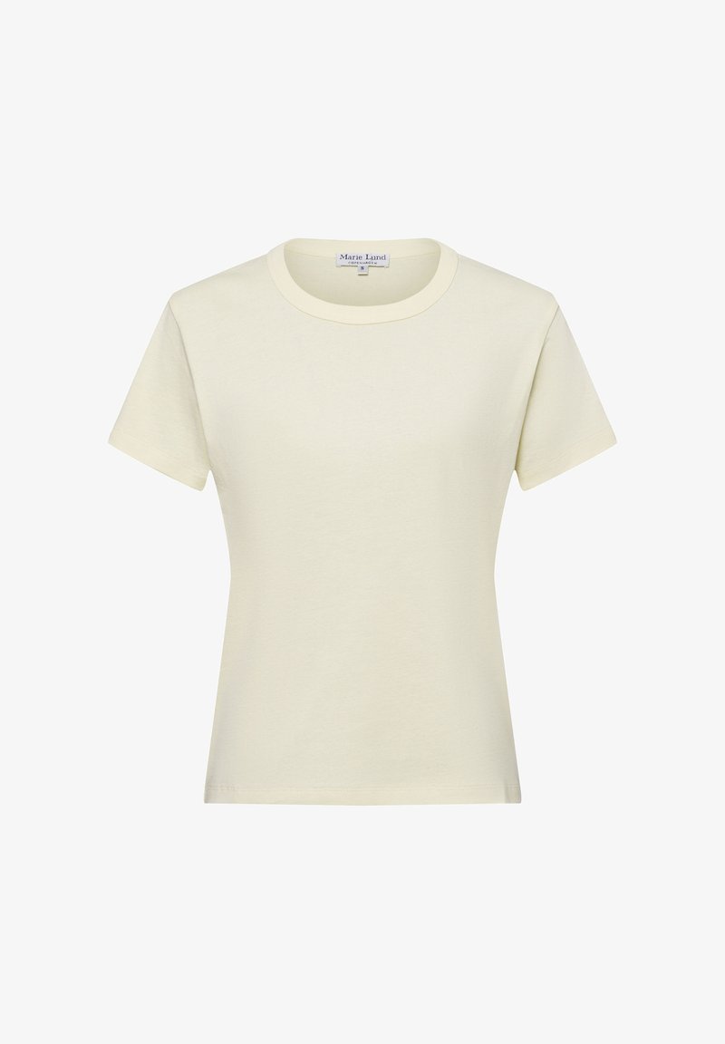 Short-sleeved, round-neck T-shirt in light yellow, made of soft cotton, featuring a simple design with no patterns or embellishments.