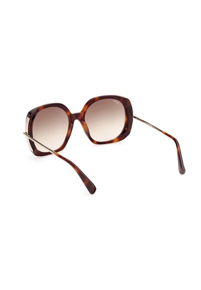Schildpatt-Sonnenbrille mit quadratischem Rahmen, braunen Verlaufslinsen und dünnen goldfarbenen Metallakzenten an den Bügeln.