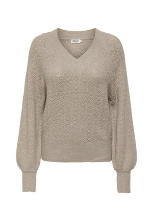 Beige stickad tröja med V-ringning, med ett strukturerat zick-zack mönster, långa ballongsärmar och ribbad nederkant.