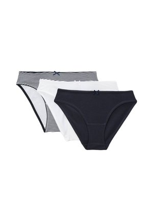 Trois sous-vêtements féminins style bikini en noir, blanc et rayures noir et blanc avec petits nœuds sur la ceinture avant.