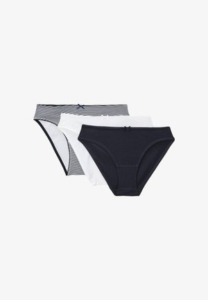 Trois sous-vêtements féminins style bikini en noir, blanc et rayures noir et blanc avec petits nœuds sur la ceinture avant.
