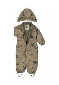 Beige children's snowsuit with animal and mountain patterns, hood, front zipper, and elastic cuffs. Features waterproof fabric and fleece lining.