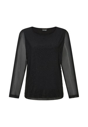 Zwarte top met lange mouwen en ronde hals, voorzien van een gestructureerd patroon van kleine glinsterende stippen en doorschijnende mouwopdelen.