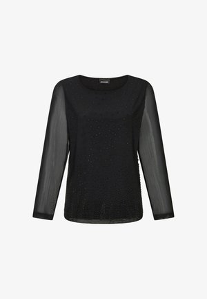 Zwarte top met lange mouwen en ronde hals, voorzien van een gestructureerd patroon van kleine glinsterende stippen en doorschijnende mouwopdelen.