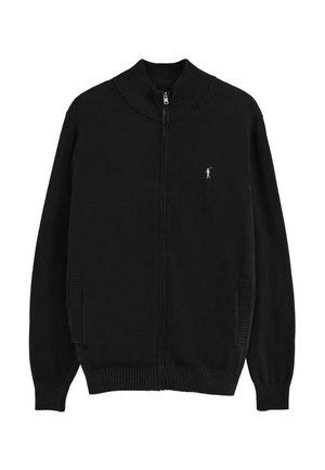 Sort knit cardigan med fuld lynlås, ribstrikket krave, manchetter og kant; to forlommer; lille hvid golfspiller-logo på venstre bryst.