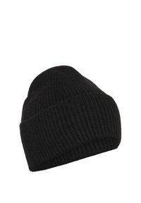 Black knitted beanie hat featuring a ribbed texture, rounded top, and wide folded hem. Made of soft, warm material suitable for cold weather.