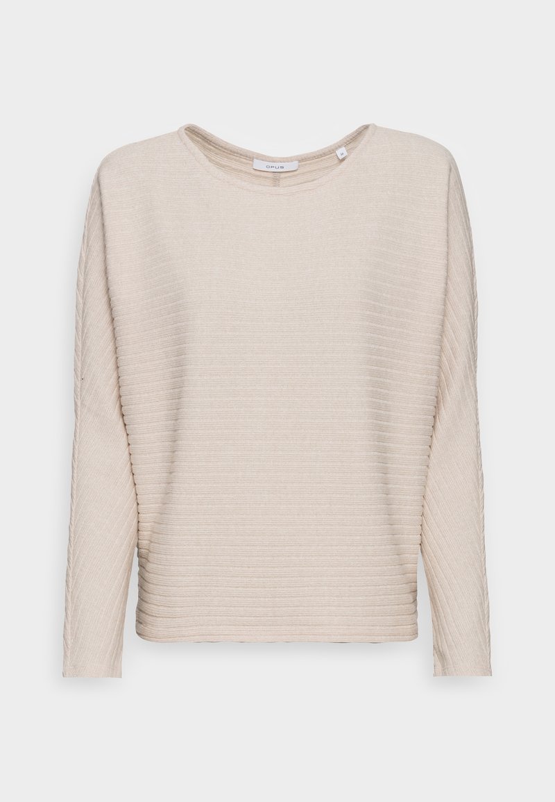 Haut beige à manches longues avec texture côtelée et col rond. Présente de subtils rayures horizontales et une coupe ample et décontractée.