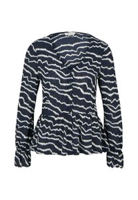 Navy blue peplum top with white wavy stripes; features a V-neck, long sleeves with gathered cuffs, and button detail at the front.