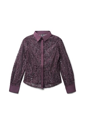 Blusa in pizzo viola scuro con colletto rigido e pattina dei bottoni. Maniche lunghe con texture in pizzo e polsini solidi a contrasto.