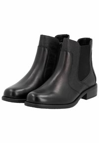 Czarne skórzane botki za kostkę z gładkim wykończeniem, teksturowanymi panelami, elastycznymi wstawkami po bokach oraz niskim słupkowym obcasem.