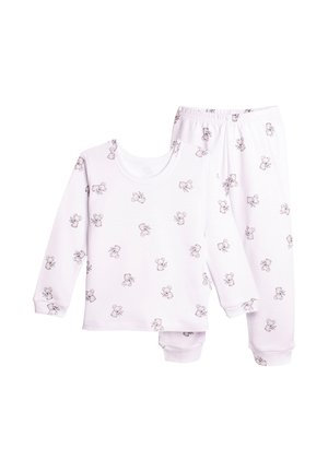 Białe dziecięce piżamy z długim rękawem, z elastyczną talią i mankietami, ozdobione powtarzającym się wzorem małych, jasnoszarych ilustracji myszy.