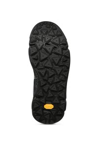 Suola di scarpa in gomma nera con un motivo di battistrada triangolare e una superficie testurizzata. Presenta il marchio Vibram in giallo sulla parte centrale della suola.