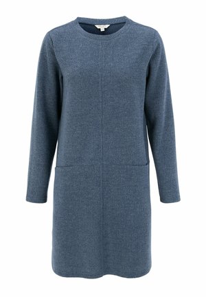 Ribbed Strickkleid in Dunkelblau, mit langen Ärmeln und rundem Halsausschnitt, ausgestattet mit zwei Fronttaschen. Weicher Stoff mit lockerem Schnitt.