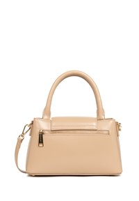 Sac à main en cuir beige avec une forme structurée, deux poignées supérieures et une bandoulière amovible. Poche zippée à l'avant avec des accents en métal doré.