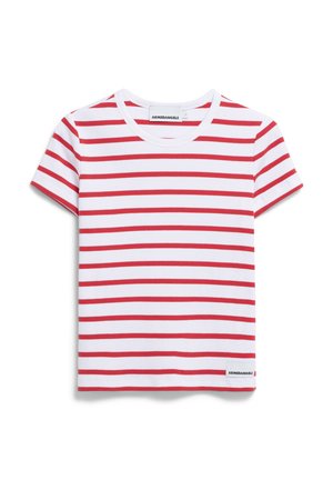 Gestreiftes T-Shirt mit kurzen Ärmeln in Weiß mit roten horizontalen Streifen. Baumwollmaterial mit rundem Ausschnitt und einem kleinen Markenetikett am Saum.