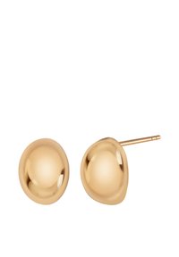 Złote kolczyki w kształcie gładkiego, zaokrąglonego kształtu. Posiadają lśniące powierzchnie i prosty zapięcie na sztyft.