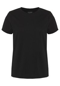 Černé bavlněné tričko s kulatým výstřihem a krátkými rukávy. Má volný střih a hladkou texturu. Jednoduchý design bez ozdob.