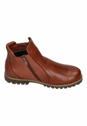 Brown leather ankle boot with side zipper, padded collar, and textured rubber sole for outdoor wear.