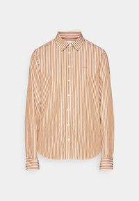 Chemise à manches longues boutonnée avec des rayures verticales orange et blanches, col pointu et poignets boutonnés.