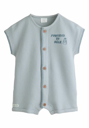 Light blue baby romper with short sleeves, wooden buttons down center, and "Powered by Milk" text with a milk bottle graphic on chest.