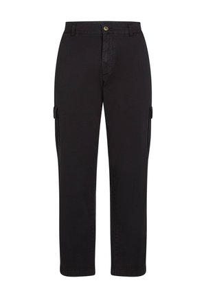 Pantalon cargo noir en tissu mélangé coton, avec une coupe droite, des poches avant et des poches latérales avec un détail de fermeture à bouton.