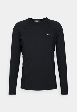 Czarna koszulka z długim rękawem, wykonana z elastycznego materiału, z okrągłym dekoltem i małym logo Columbia na górnej lewej stronie.