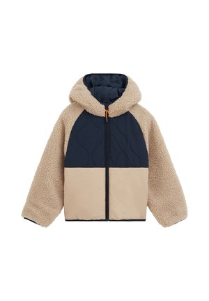 Kapuzensweatjacke mit beigen Fleece-Ärmeln und oberer Kapuze, navyblau gestepchte Brust und beiger unterer Vorderseite, Reißverschluss mittig.