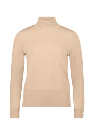 Beige lange mouw turtleneck trui met geribde kraag, manchetten met drie kleine knopen en geribde zoom.