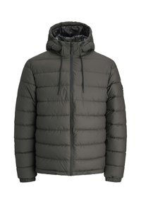 Ciemnozielona kurtka puchowa z zamkiem z przodu, przymocowanym kapturem i elastycznymi mankietami. Posiada poziomo przeszywany design dla lepszej izolacji. Lekki materiał.