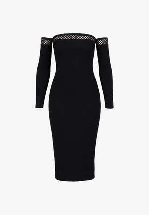 Robe midi noire à épaules dénudées avec manches longues, présentant des détails en mesh découpés au niveau du décolleté et des bras supérieurs.