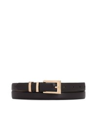 Curea neagră din piele cu finisaj neted, prevăzută cu o cataramă metalică aurie și doi dinți. Trei găuri pentru reglarea dimensiunii.