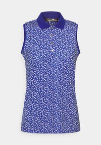 Ärmlose pikétröja i blått med ett blommigt vitt mönster, med en kontrasterande krage och knapplist. Slät textur och figurnära design.