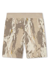 Pantaloni corti con motivo camouflage in beige e crema, realizzati in morbido cotone misto, con vita a coste e dettagli gialli.