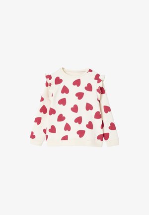 Cremefarbener Langarm-Sweatshirt mit roten Herzmustern und Rüschendetails an den Schulternähten.