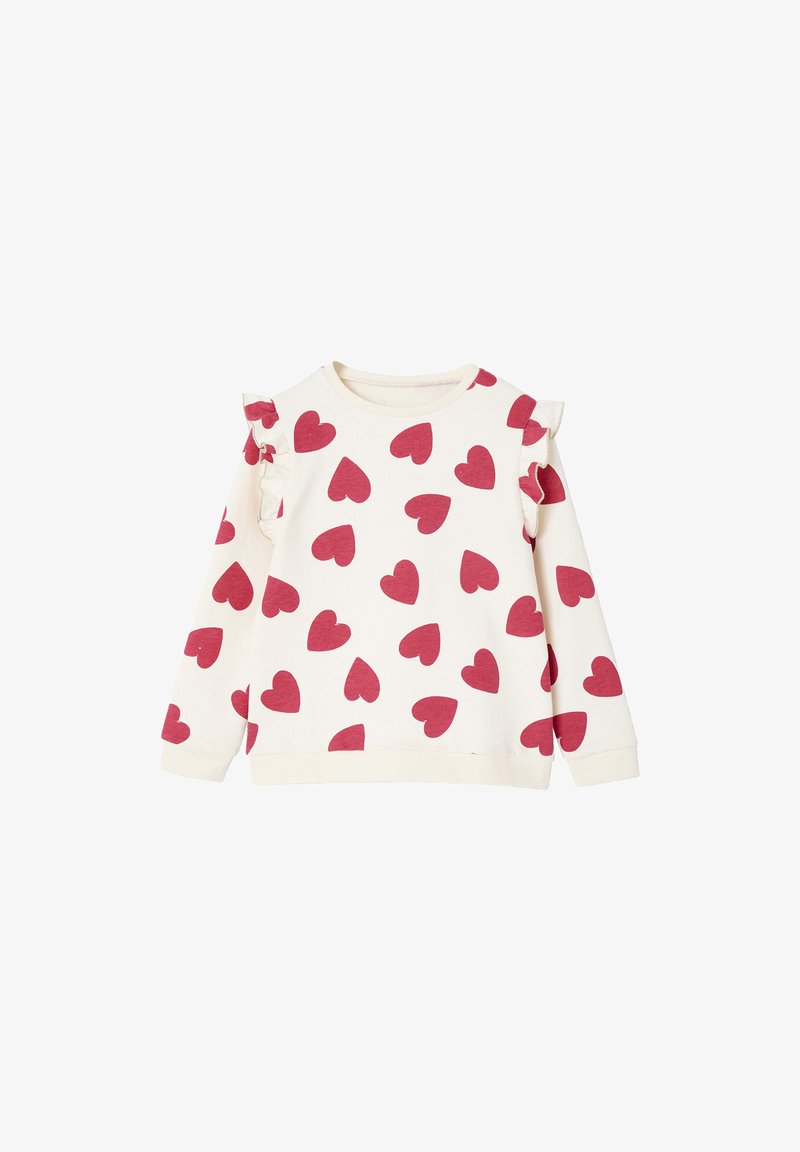 Cremefarbener Langarm-Sweatshirt mit roten Herzmustern und Rüschendetails an den Schulternähten.
